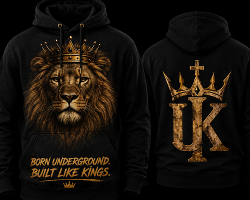 Black pullover hoodie shown from the front and back. The front features a large golden-brown lion wearing a crown, with the text 'BORN UNDERGROUND.